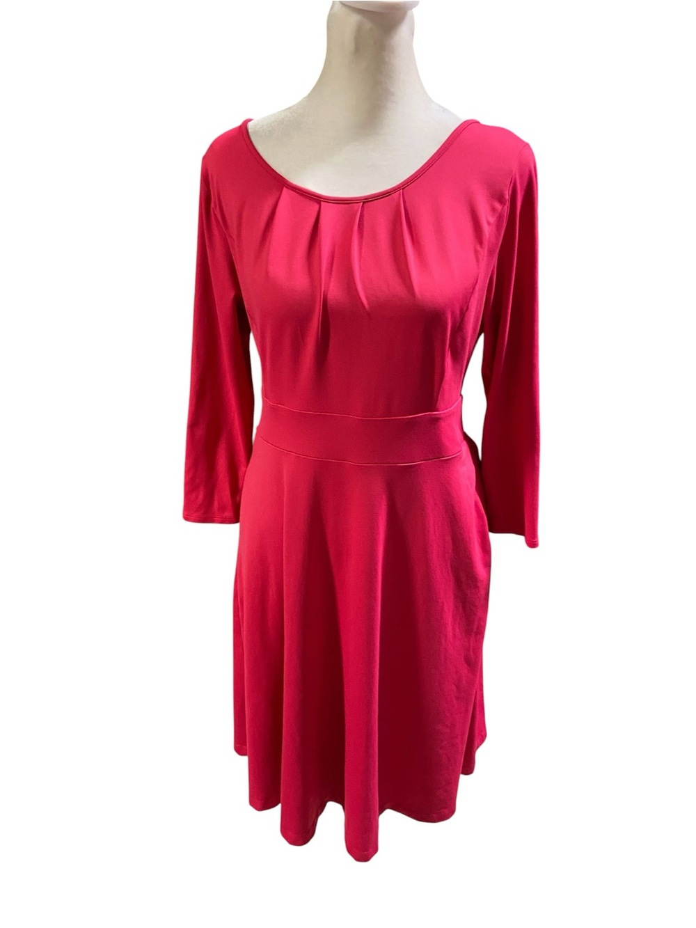 Talbots Pleated Scoop Neck Fit & Flare Dress Size MP 3/4 Sleeve Fuchsia Pink